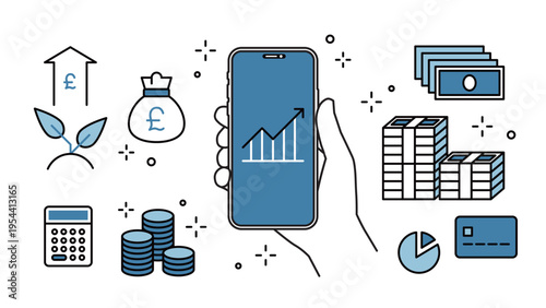 Smartphone Investment & Fintech in Hand Financial Icon Set, Variable Stroke Width