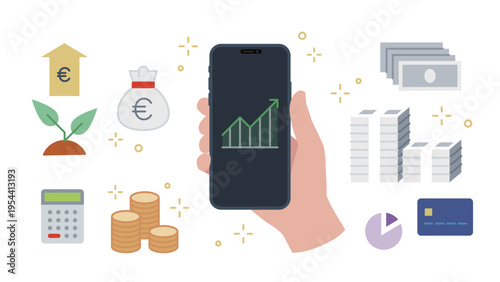 Smartphone Investment & Fintech in Hand Financial Icon Set, Variable Stroke Width