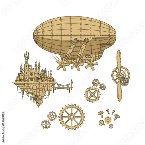 Steampunk Airship and Industrial Cityscape with Gears and Propeller Illustration