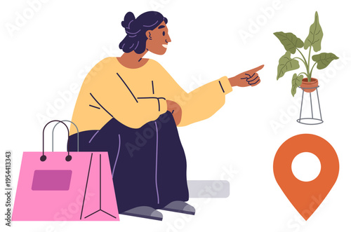 Online shopping, eco-friendly lifestyle, navigation, sustainable consumption, product selection, local goods. Woman seated on floor pointing at a plant. Eco-friendly lifestyle and navigation concept
