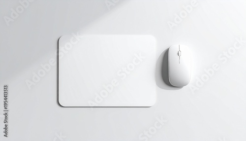A white computer mouse sits beside a mousepad on a clean surface.