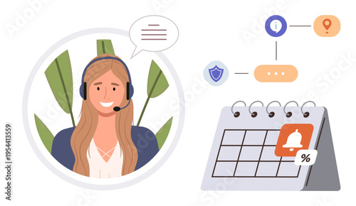 Customer service, communication, task management, scheduling, notifications, remote assistance. A woman with a headset, a calendar with reminders and visual symbols. Scheduling and notification
