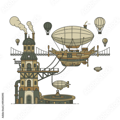 Vintage Steampunk Airship Docked at a Victorian Industrial Factory, with Multiple Blimps Ascending into the Smoggy Sky - Retro Futuristic Transportation