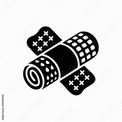 Black and white bandage roll with medical plaster strips icon