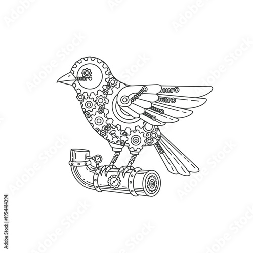Steampunk bird illustration, a mechanical marvel crafted from gears and pipes, perched on a retro pipeline against a white backdrop