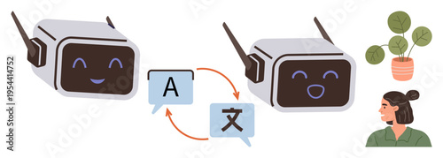 Artificial intelligence, global communication, language translation, tech innovation, human-machine interaction, education support. Two robots with speech bubbles exchanging languages near a person