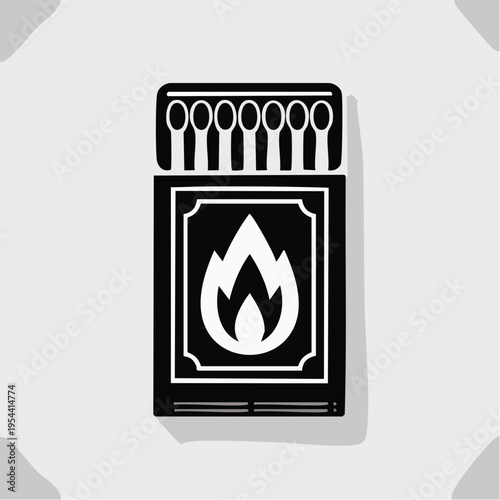 black and white matchbox icon with flame design