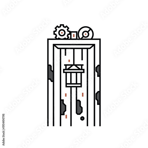 An abstract, retro-futuristic illustration of a wooden elevator with intricate steampunk gears and celestial moon ornaments at the top, evoking a sense of mystery and industrial design