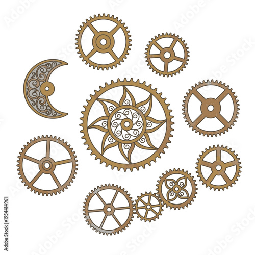 Whimsical Collection of Ornate Gears and Celestial Elements Evoking a Steampunk Aesthetic