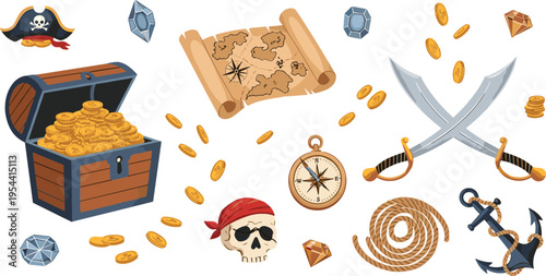 Pirate treasure elements set with chest full of gold coins, map, swords, compass, skull and nautical items vector illustration isolated on white