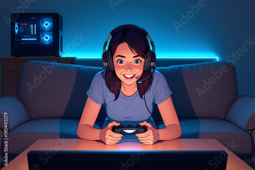 A woman wearing a headset and holding a game controller