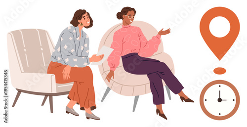 Collaboration, counseling, communication, time management, planning, navigation. Two women sitting on armchairs talking. Counseling and communication concepts with timing and location elements