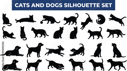 Cats and Dogs Silhouette Collection with Various Pet Poses Playing, Running, Sitting and Walking, Domestic Animal Vector Illustration Set