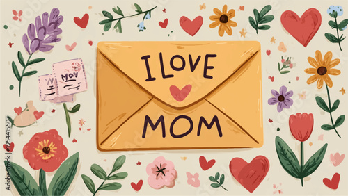 Set of colorful floral illustrations with 'I love mom' message