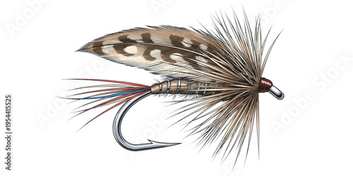 Brown and white fishing fly lure.