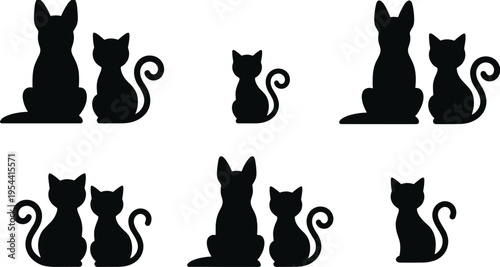 Dog and Cat Silhouette Set Sitting Together, Cute Domestic Pet Companions Collection for Animal Lover Vector Illustration