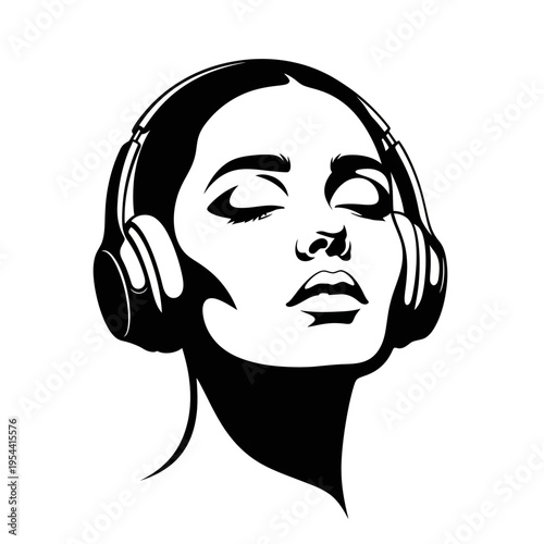 Woman Headphones Music Enjoyment Eyes Closed Silhouette Vector