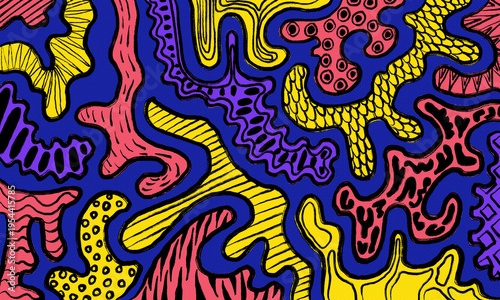  Vibrant Psychedelic Abstract Doodle Pattern Background. Template for Banner, Background and etc.