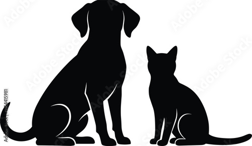 Dog and Cat Sitting Silhouette, Cute Domestic Pets Together, Animal Companionship and Pet Lover Vector Illustration