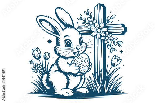 A cute Easter bunny holding an egg in front of a cross and flowers
