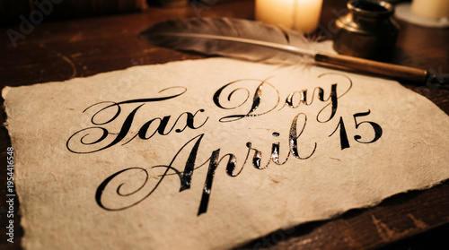 A close-up shot of a parchment with Tax Day April 15 written on it