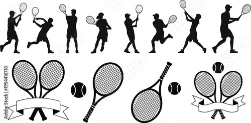 Tennis player silhouettes, sports action poses, rackets and ball icons, black and white vector set for fitness, competition, and tournament themes