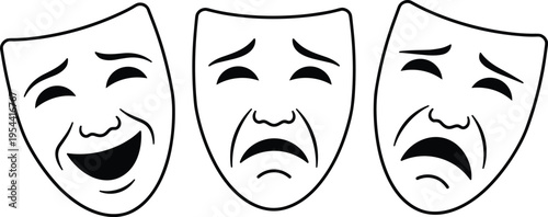 Theater masks illustration, comedy and tragedy symbols, emotional expression vector, dramatic art design, performing arts concept, classic stage icon, minimal style
