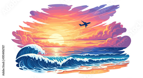 Pixel Art Sunset Ocean Waves Beach Landscape with Airplane