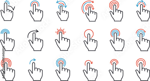 Touchscreen hand gesture icons, tap swipe pinch spread motions, mobile UI interaction symbols, vector set for app design, interface tutorial graphics