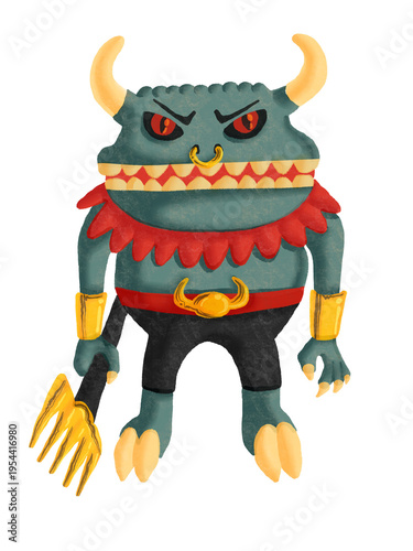 stylized monster illustration with bull horns and pitchfork On isolated PNG background.