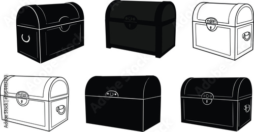 Treasure chest cartoon icons, black white vector set, stylized pirate box, flat design, game asset, cad drawing flat vector illustration