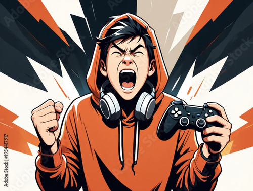 A young man in an orange hoodie celebrating while playing video games