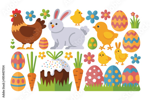 A colorful Easter-themed illustration featuring cartoon animals and decorated eggs.