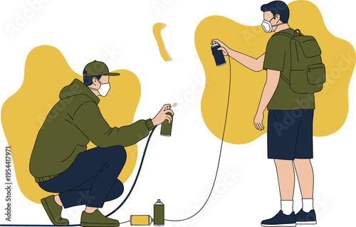 Two men graffiti artists spray painting, urban art, street culture, creative expression, spray cans, street art duo, artwork.