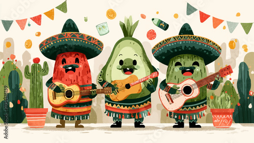 Set of 3 cartoon vegetable mariachi characters vector