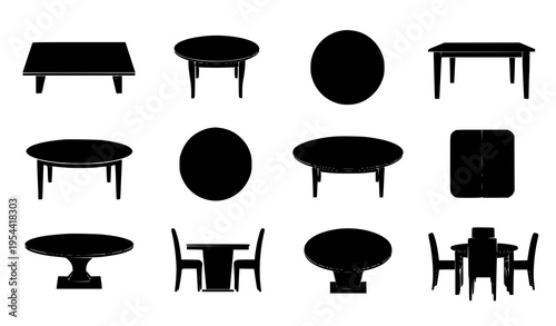 Dining table silhouette vector set with round rectangular and square furniture shapes in clean minimal style