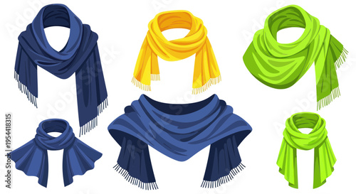 Collection of stylish winter scarves in blue, yellow, and green colors, isolated on white.