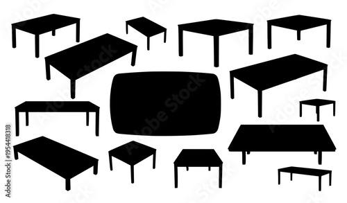 Abstract dining table silhouette vector composition with varied furniture shapes in modern flat design