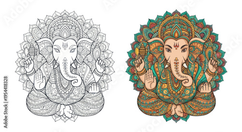 Coloring Outline and Colored Ganesha Mandala Design