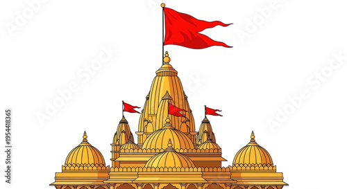 Golden Hindu Temple with Red Flags, Indian Architecture, Religious Landmark