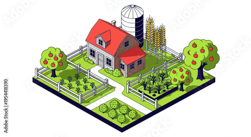 Isometric Farmhouse with Orchard, Garden, and Silo - Rural Agriculture Scene