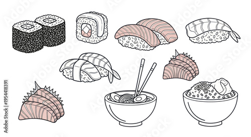 Japanese Food Illustration: Sushi, Ramen, Sashimi & Rice Bowl - Hand Drawn Style