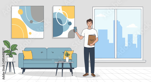 Man with Clipboard and Phone in Modern Living Room with Abstract Art