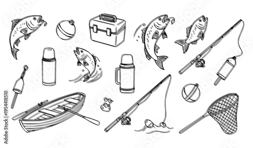 Abstract freshwater fishing icon pack with angler gear in soft grey hand drawn sketch style