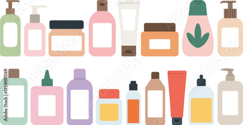 Set of various cosmetic bottles and skincare product containers flat vector illustrations for beauty branding mockups and spa wellness packaging design isolated on white background.