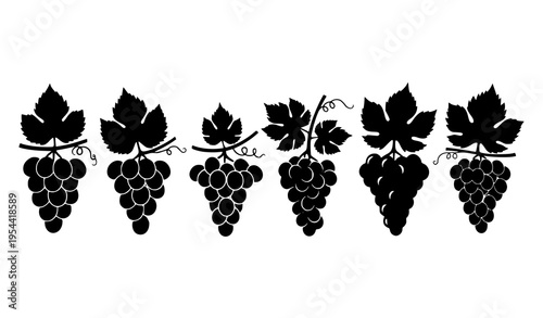 Grape leaf silhouette vector collection with fruit clusters in simple minimal style isolated on white