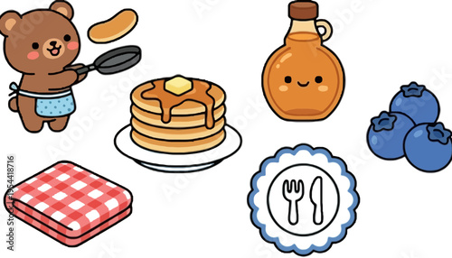 A cute bear illustration cooking pancakes with syrup and blueberries