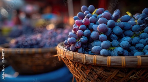 Fresh and Juicy Grapes Displayed in Rustic Baskets at a Vibrant Market, Showcasing Their Rich Purple Color and Natural Texture Under Soft Lighting