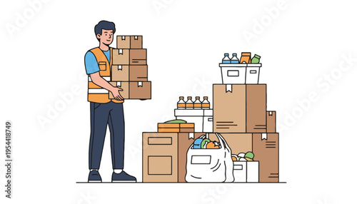 Man holding boxes in a warehouse with a pile of cardboard boxes