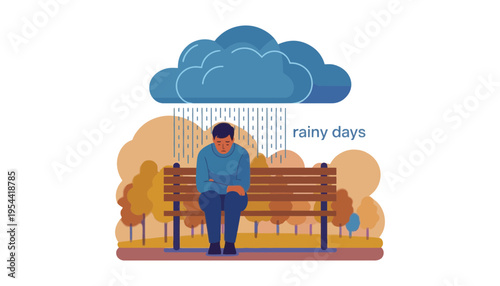 A man sits on a bench on rainy days feeling sad and lonely